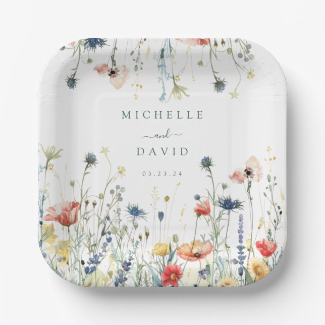 Vibrant Wildflower Wedding Paper Plates (Front)