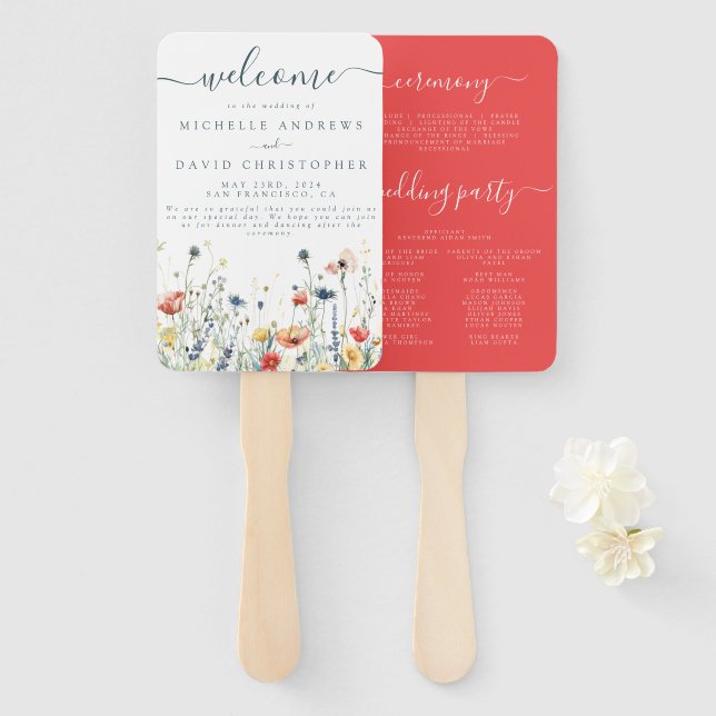 Vibrant Wildflower Wedding Program Hand Fan (Front and Back)