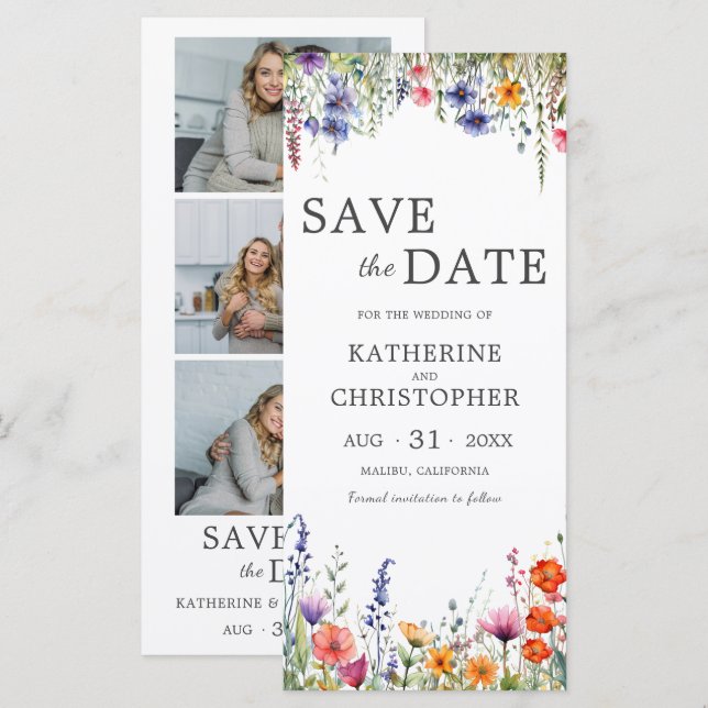 Vibrant Wildflowers 3 Photo Wedding Save the Date (Front/Back)
