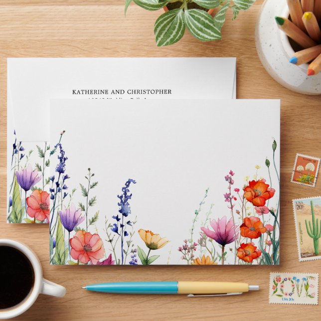 Vibrant Wildflowers Elegant Wedding Envelope (Desk)