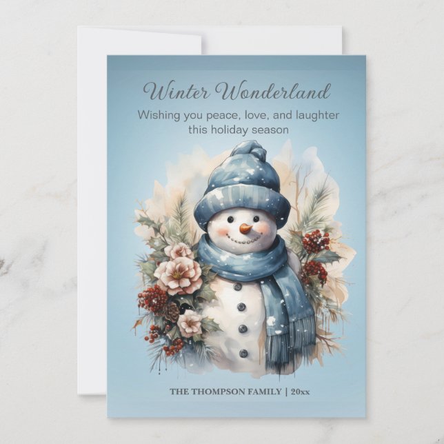 Vibrant Winter Wonderland Snowman Icy Blue  Holiday Card (Front)