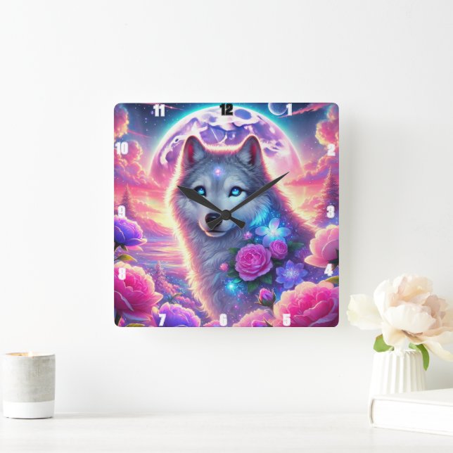 Vibrant Wolf Neon Moon and Mystical Flower Square Wall Clock (Home)
