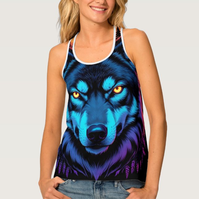 Vibrant Wolf Stare Wildlife Art Fierce Gaze Tank Top (Front)