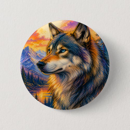 Vibrant Wolf Sunset Button