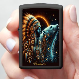 Vibrant Woman-Bear Cultural Fusion Art B Zippo Lighter