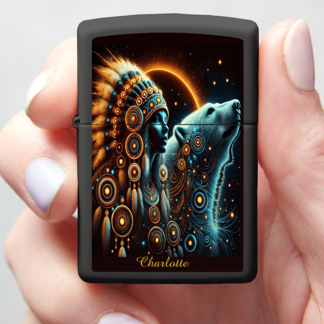 Vibrant Woman-Bear Cultural Fusion Art B Zippo Lighter (In Hand)