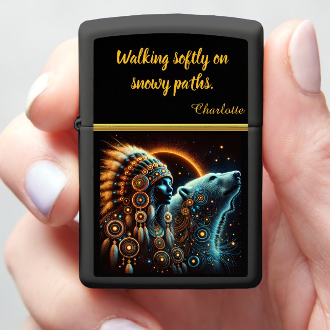 Vibrant Woman-Bear Cultural Fusion Art Zippo Lighter (In Hand)