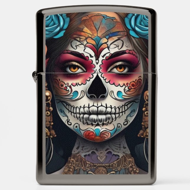 Vibrant Woman: Day of the Dead Sugar Skull Makeup Zippo Lighter (Front)