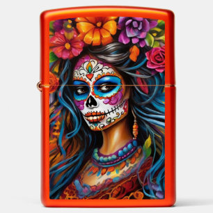 Vibrant Woman in Sugar Skull Makeup Zippo Lighter