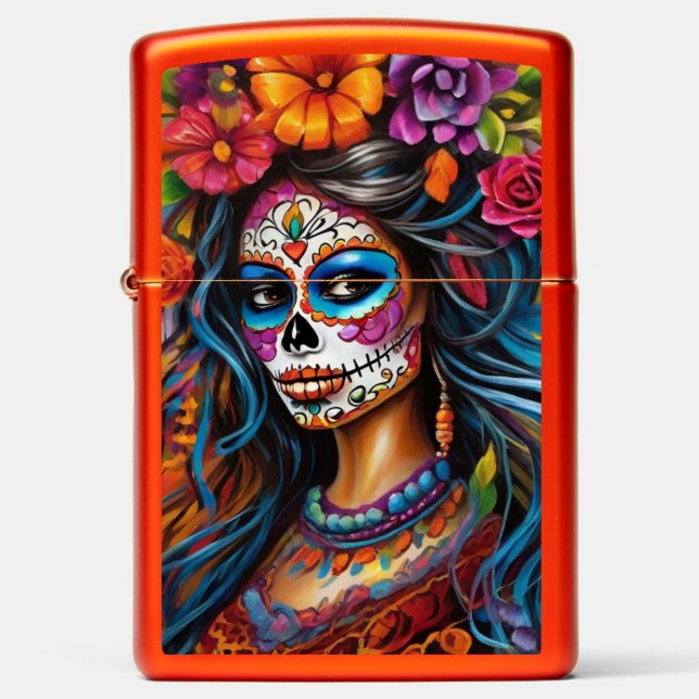 Vibrant Woman in Sugar Skull Makeup Zippo Lighter (Front)