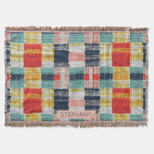 Vibrant Woven Plaid - Retro Boho Checkered Pattern Throw Blanket