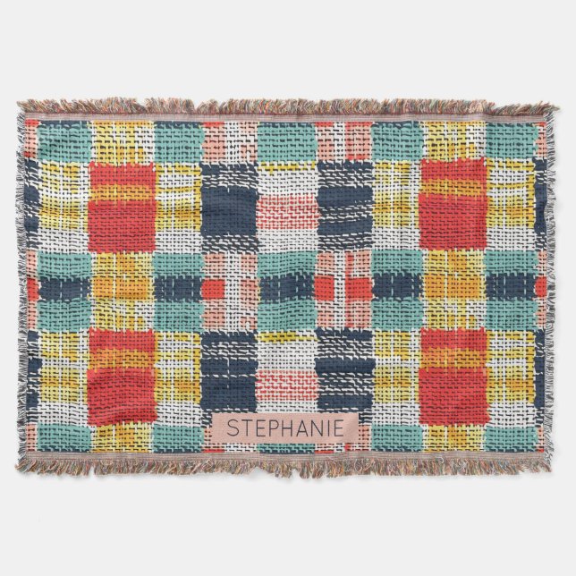 Vibrant Woven Plaid - Retro Boho Checkered Pattern Throw Blanket (Front)