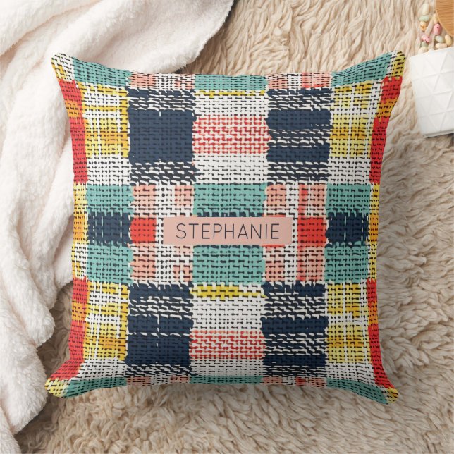 Vibrant Woven Plaid - Retro Boho Checkered Pattern Throw Pillow (Blanket)
