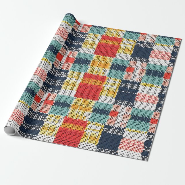 Vibrant Woven Plaid - Retro Boho Checkered Pattern Wrapping Paper (Unrolled)
