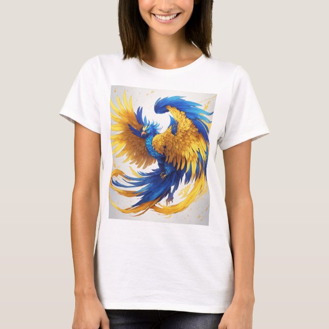"Vibrant Yellow and Blue Phoenix T-Shirt – Stand O (Front)