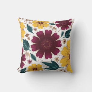 Vibrant Yellow and Burgundy Floral Throw Pillow
