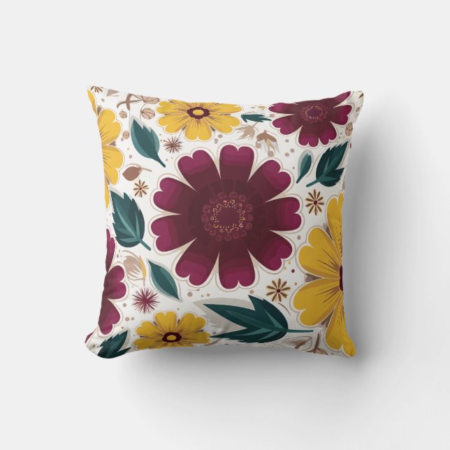 Vibrant Yellow and Burgundy Floral Throw Pillow (Front)