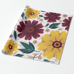Vibrant Yellow and Burgundy Floral Wrapping Paper