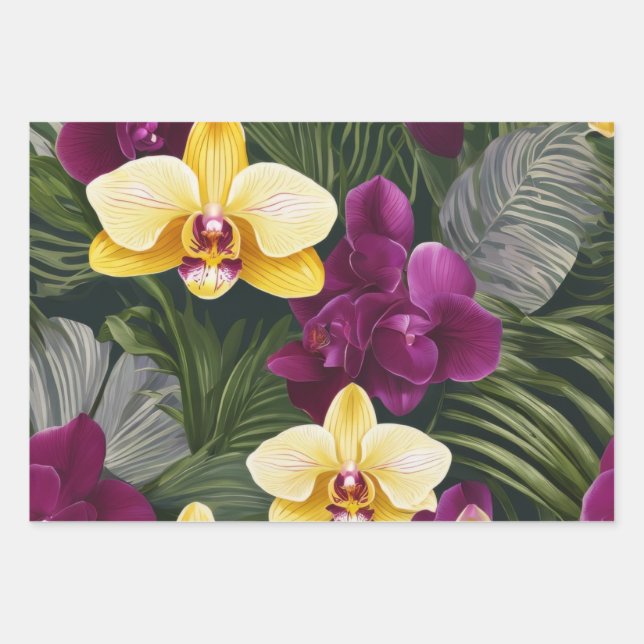 Vibrant yellow and deep purple orchids wrapping paper sheets (Front)