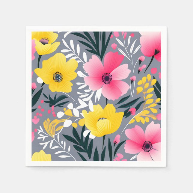 Vibrant Yellow And Pink Flowers On Gray Napkins (Front)