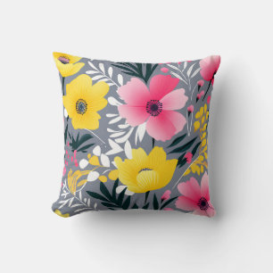 Vibrant Yellow And Pink Flowers On Gray Throw Pillow