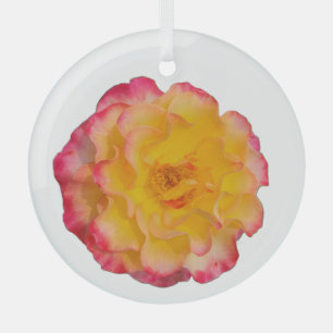 Vibrant Yellow and Pink Rose Glass Ornament