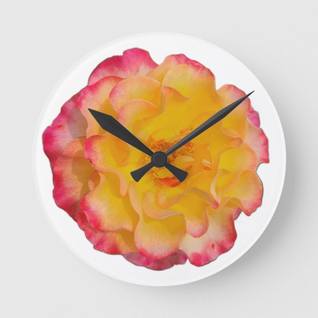Vibrant Yellow and Pink Rose Wall Clock (Front)