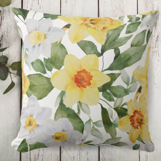 Vibrant Yellow and White Daffodil Floral Throw Pillow (Creator Uploaded)