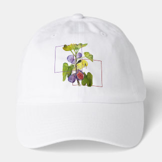 Vibrant Yellow Bird with Purple Figs Watercolor Hat