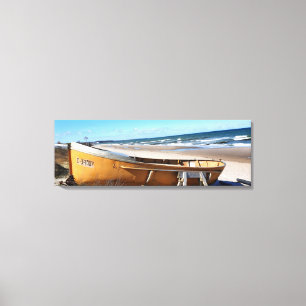 Vibrant Yellow Boat on Beach Coastal Photography Canvas Print