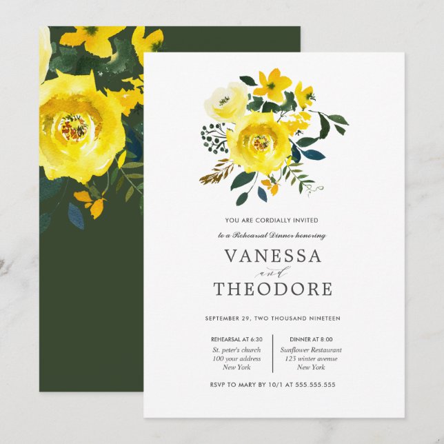 Vibrant Yellow Bouquet Wedding  Rehearsal Dinner Invitation (Front/Back)