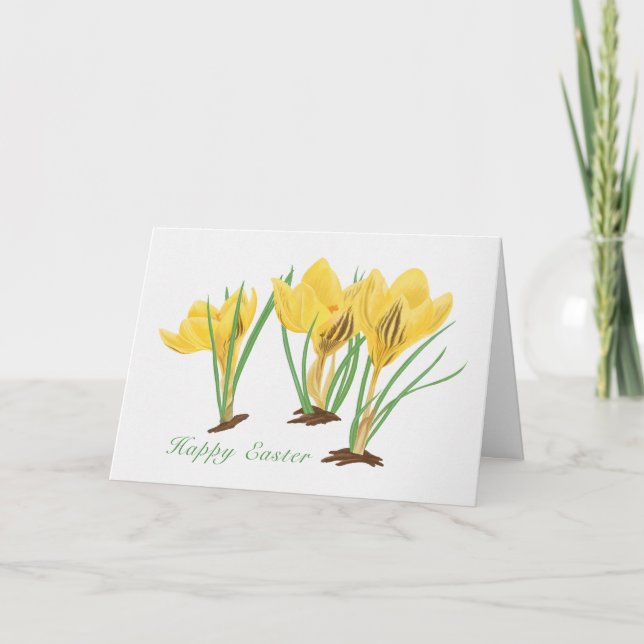 Vibrant Yellow Crocus Flowers Happy Easter Holiday Card (Front)