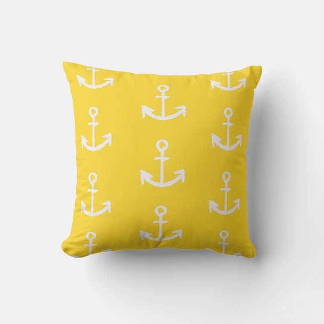 Vibrant Yellow Cute Anchor Nautical Pattern 15 Throw Pillow (Front)