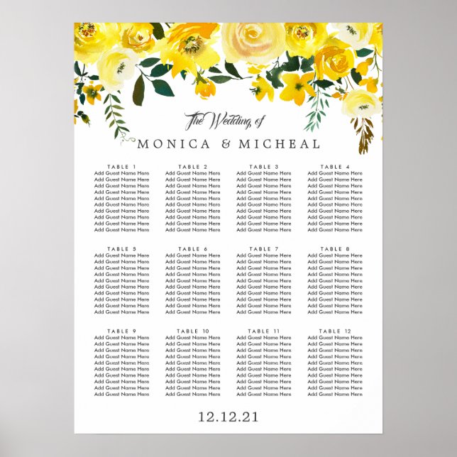 Vibrant Yellow  Flower Wedding Seating Chart (Front)