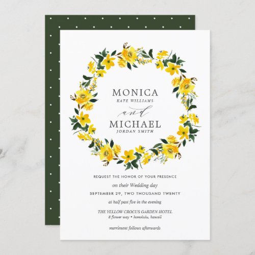 Vibrant yellow flowers wreath wedding invitation