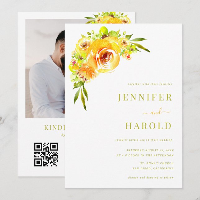 Vibrant Yellow & Green Floral Garden Photo Wedding Invitation (Front/Back)