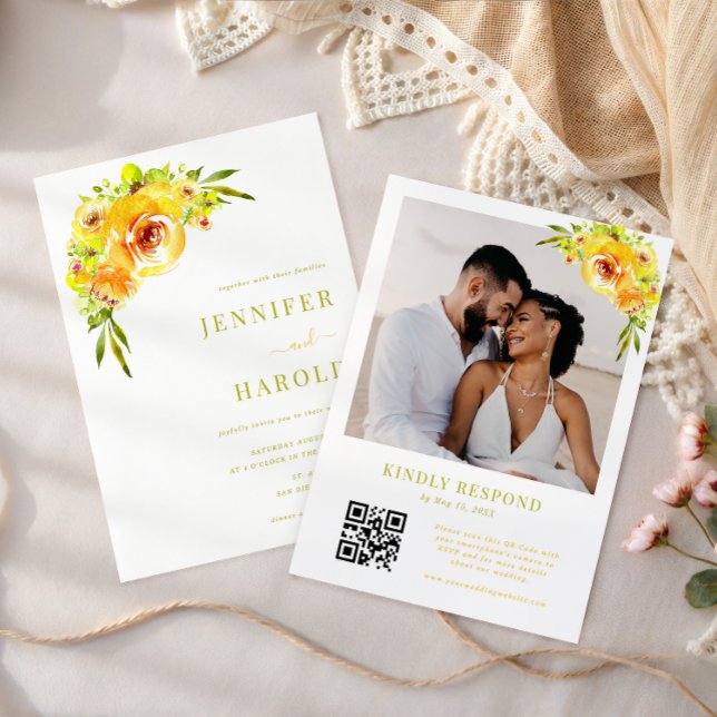 Vibrant Yellow & Green Floral Garden Photo Wedding Invitation (Creator Uploaded)