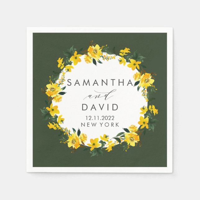 Vibrant Yellow Green Wedding floral personalized Napkins (Front)