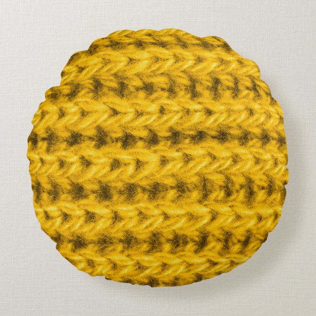 Vibrant Yellow Knitted Wool Texture Round Pillow (Front)