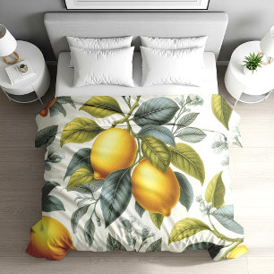 Vibrant Yellow Lemon and Blue Watercolor Botanical Duvet Cover