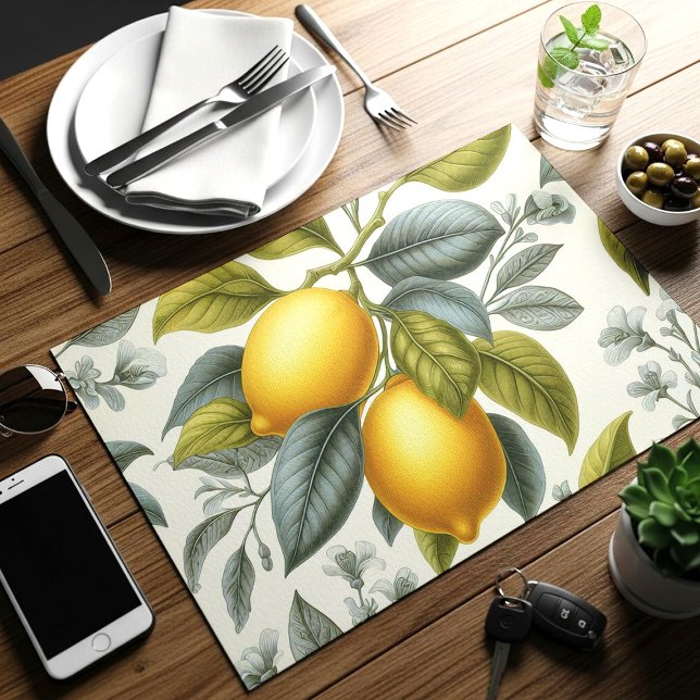 Vibrant Yellow Lemon and Blue Watercolor Botanical Placemat (Creator Uploaded)
