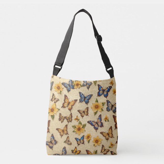 Vibrant Yellow Mosaic Crossbody Tote – Floral (Front)