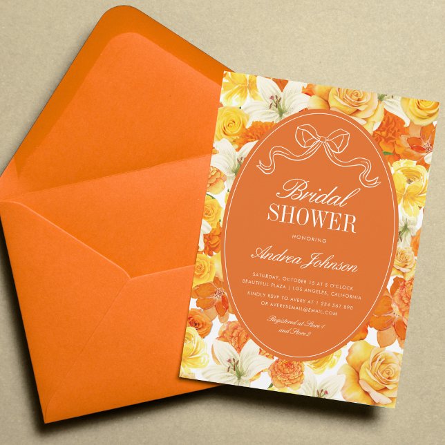 Vibrant Yellow & Orange Floral Bow Bridal Shower Invitation (Creator Uploaded)