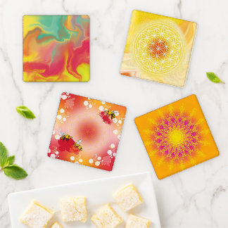 Vibrant Yellow & Orange Mandala – Flower of life Coaster Set