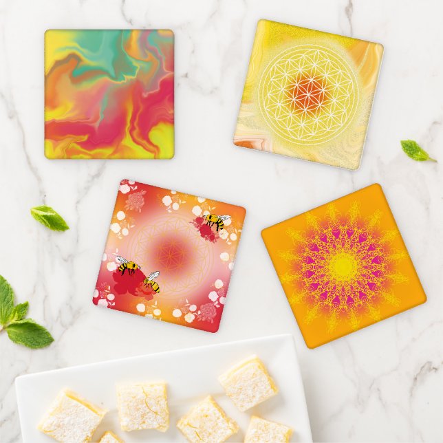 Vibrant Yellow & Orange Mandala – Flower of life Coaster Set (In Situ)