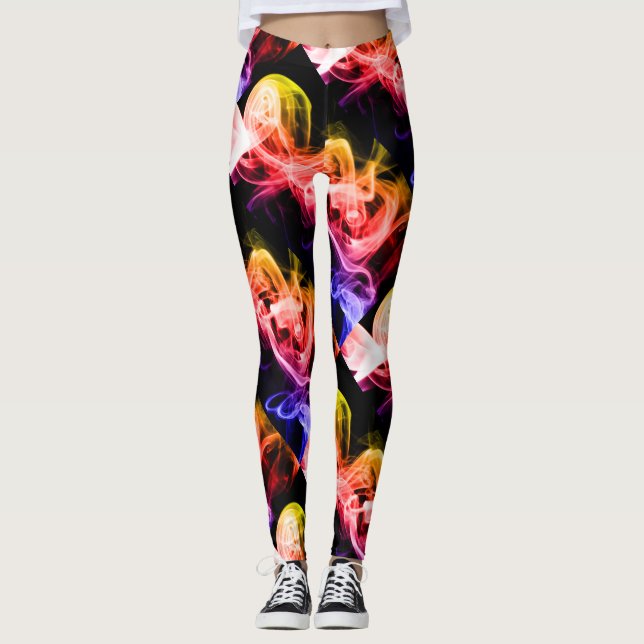 Vibrant Yellow Orange Purple Abstract Smoke Leggings (Front)