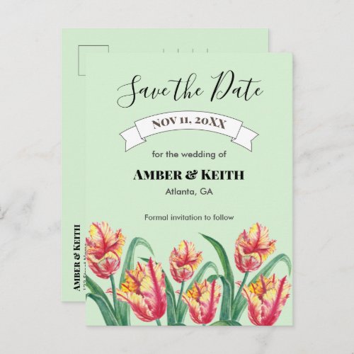 Vibrant Yellow Parrot Tulips Wedding Save The Date Announcement Postcard