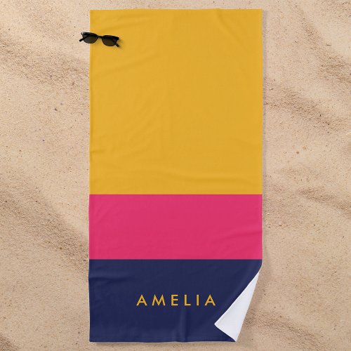 Vibrant Yellow Pink Blue Color Block Beach Towel