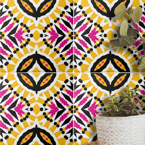 Vibrant Yellow Pink Symmetrical Geometric Ceramic Tile