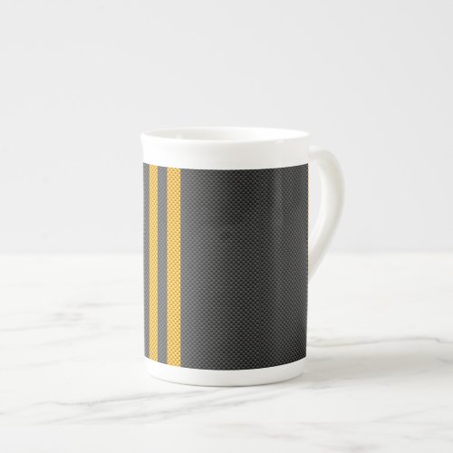 Vibrant Yellow Racing Stripes Carbon Fiber Style Bone China Mug